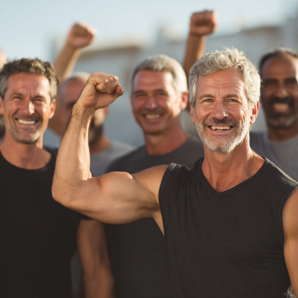 Group of middle-aged men celebrating fitness achievements together