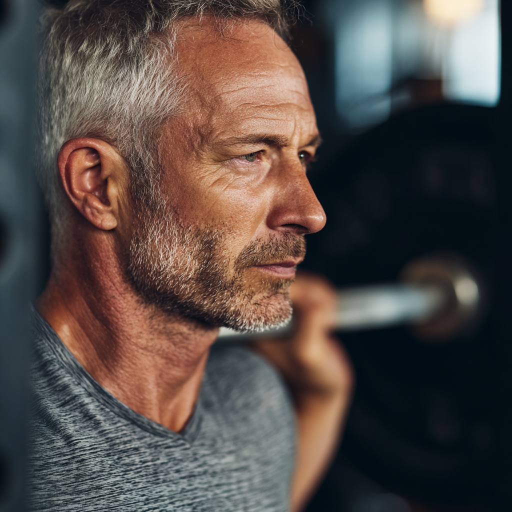 Middle-aged man focused during strength training session