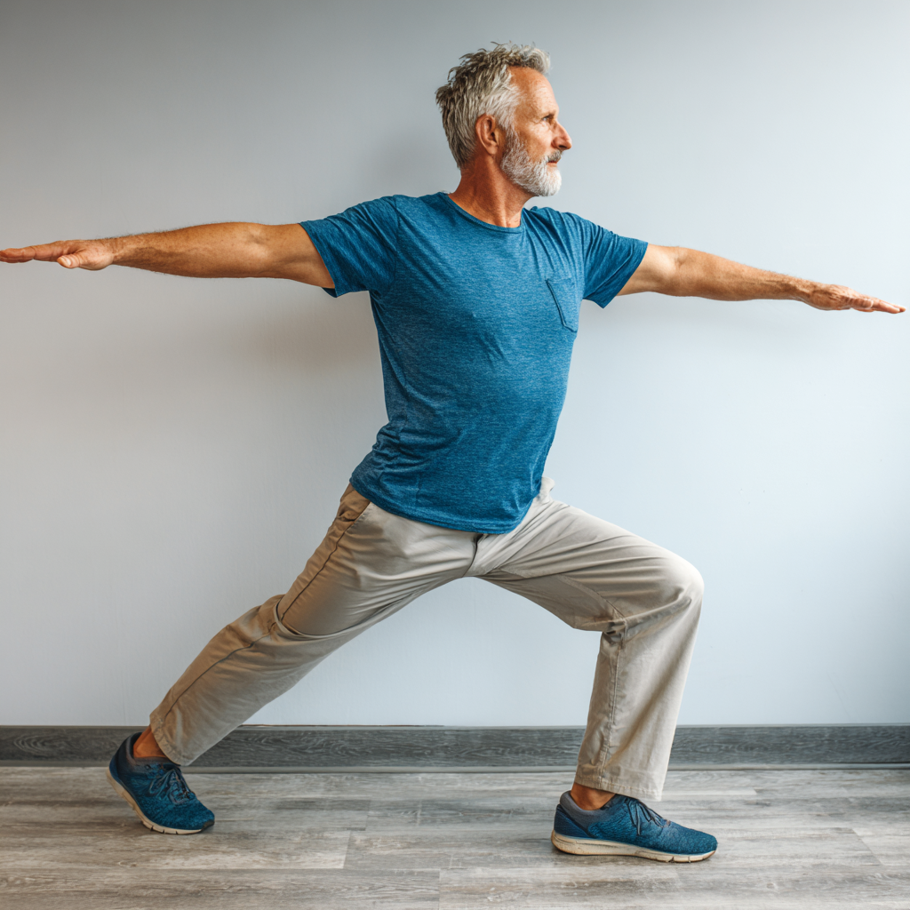Older adult man performing functional movement exercise with proper form